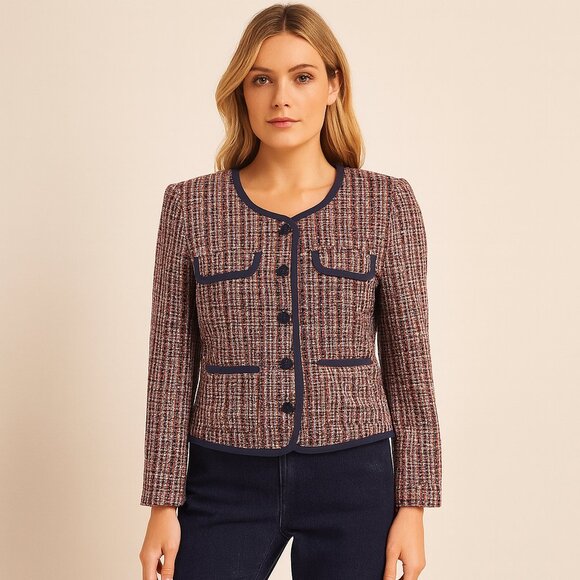 Soaked in Luxury Navy & Tan Tweed Blazer Bouclé Cropped Shoulder Pad Jacket Sz 6 - Picture 3 of 16
